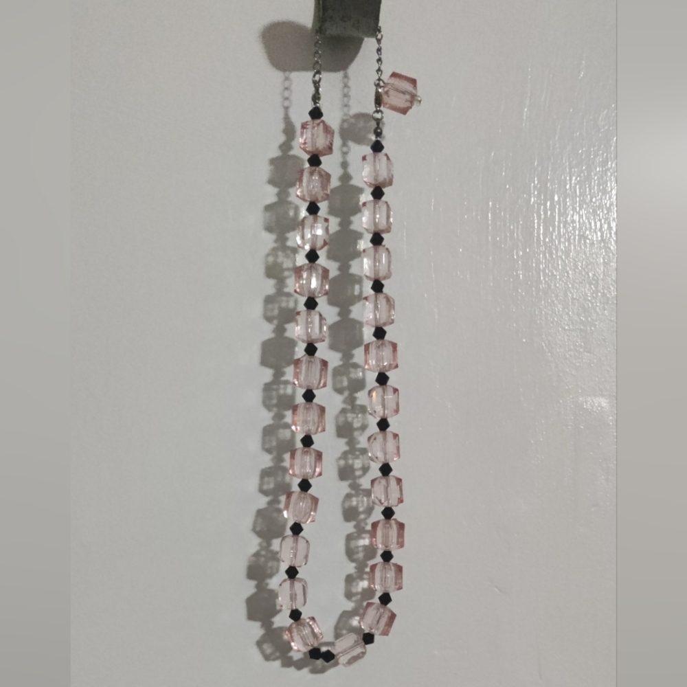 F.G. vintage clear pink & black bead necklace
